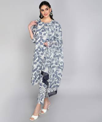 Textile cloth women's white color cotton fabric floral printed kurta pant with dupatta set 3