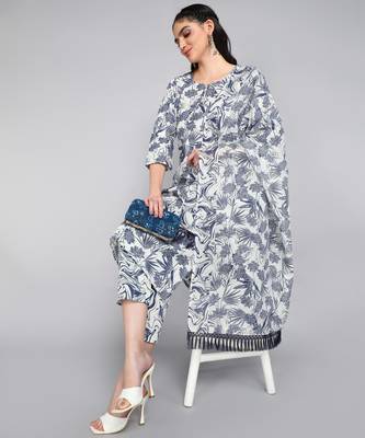 Textile cloth women's white color cotton fabric floral printed kurta pant with dupatta set 4