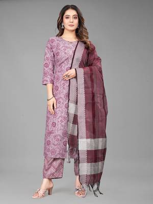 Textile cloth women's light maroon color cotton fabric floral printed kurta pant with dupatta set 2