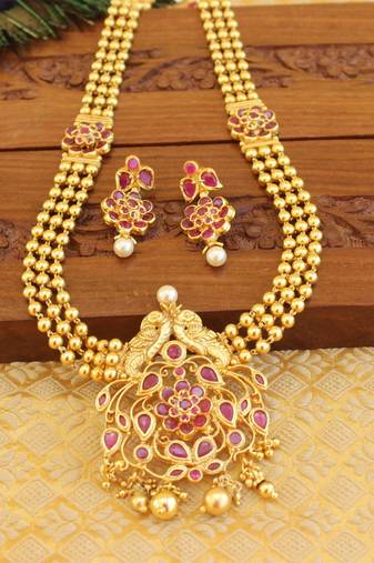 Gold platted peacock kempu necklace set