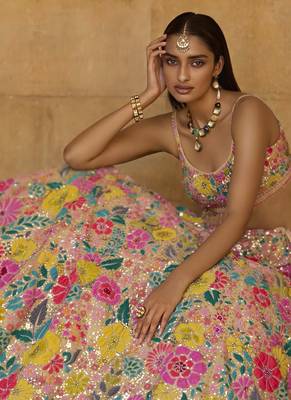 Multicolor thread and sequins embroidered Georgette indian wedding lehenga dress 5