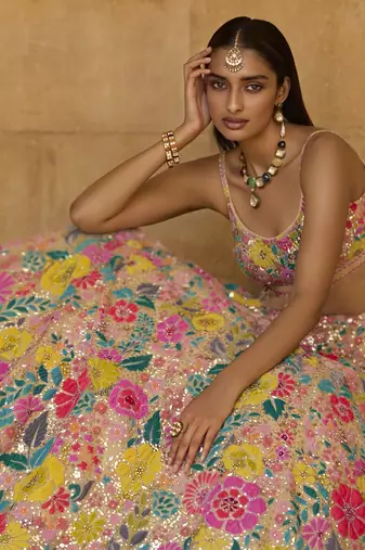 Multicolor thread and sequins embroidered Georgette indian wedding lehenga dress