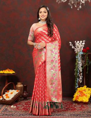 Red Designer Banarasi Silk Blend Saree With Blouse For Women  1