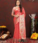 Red Designer Banarasi Silk Blend Saree With Blouse For Women 