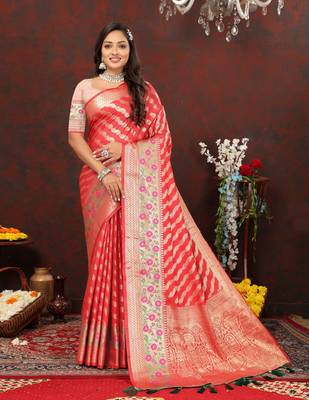 Red Designer Banarasi Silk Blend Saree With Blouse For Women  2