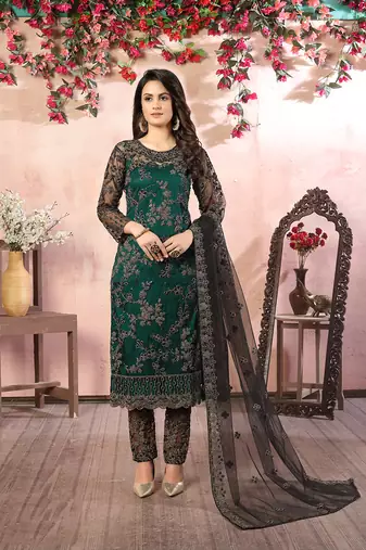 Green net embroidery salwar kameez