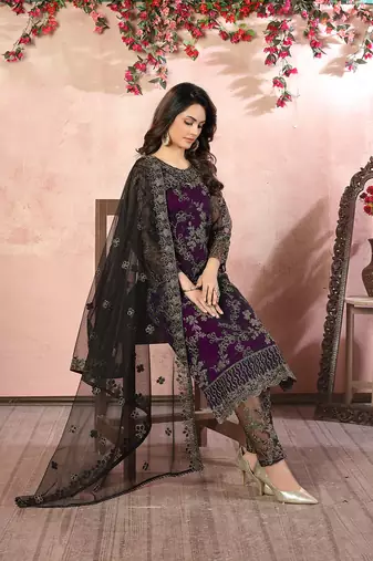 Purple net embroidery salwar kameez