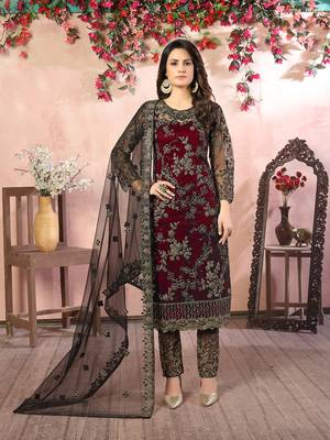 Maroon net embroidery salwar kameez 1