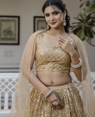 Trendmalls Gold Net Sequin Embroidered Lehenga  5