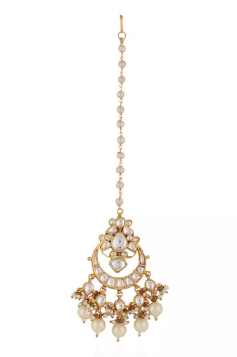Gold finish white pearl jadtar maangtikka