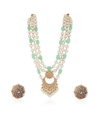 Emerald sea green with white pearl three layered necklace set 3
