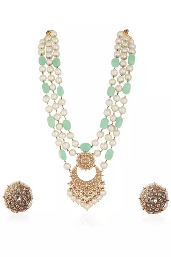 Emerald sea green with white pearl three layered necklace set
