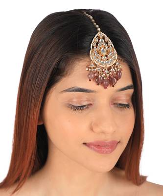 Pastel pink bead gold plated maangtikka 1