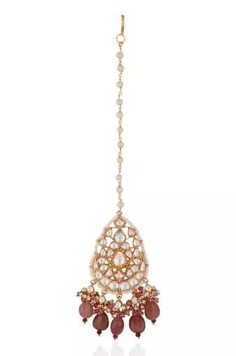 Pastel pink bead gold plated maangtikka