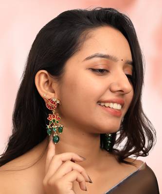 Red & green peacock design earrings 1