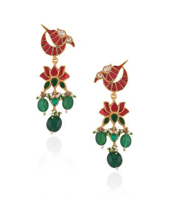 Red & green peacock design earrings 3