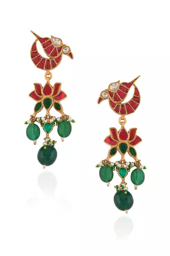 Red & green peacock design earrings