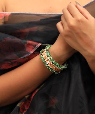 Bangle with white jadtar and sea green hangings 1