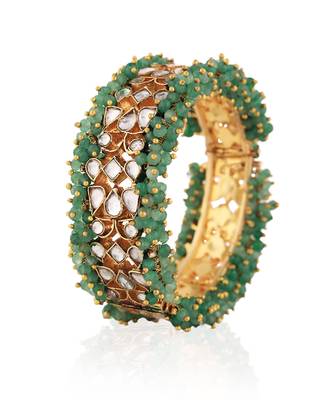 Bangle with white jadtar and sea green hangings 2