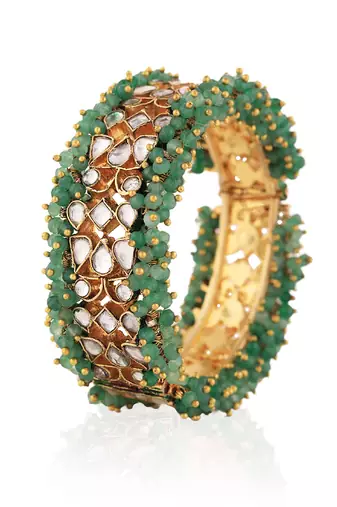 Bangle with white jadtar and sea green hangings