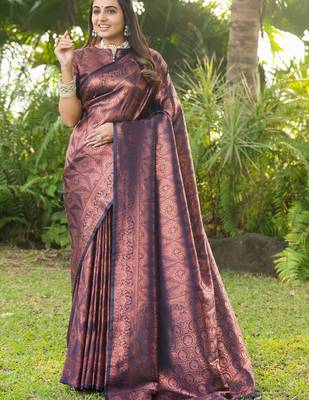 Navy Faux Banarasi Softy Silk  Copper Weaving Saree With Blouse 1