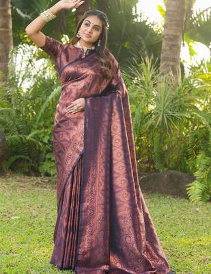 Navy Faux Banarasi Softy Silk  Copper Weaving Saree With Blouse 2