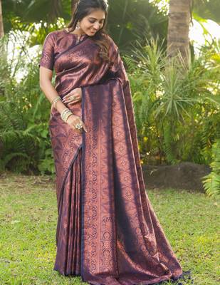 Navy Faux Banarasi Softy Silk  Copper Weaving Saree With Blouse 3
