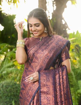 Navy Faux Banarasi Softy Silk  Copper Weaving Saree With Blouse 4