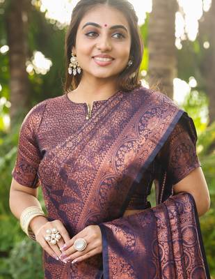 Navy Faux Banarasi Softy Silk  Copper Weaving Saree With Blouse 5
