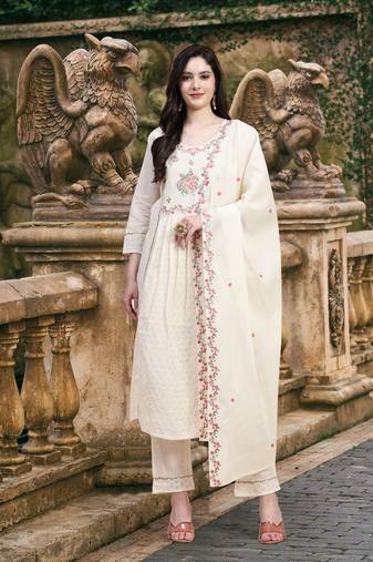 Pure Cotton Schiffli Work Embroidery Off-White Salwar Suit Set Kurta Pant with Dupatta
