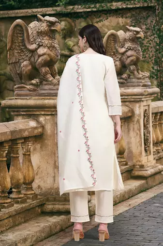 Trendmalls Pure Cotton Schiffli Work Embroidery Off-White Salwar Suit Set Kurta Pant with Dupatta
