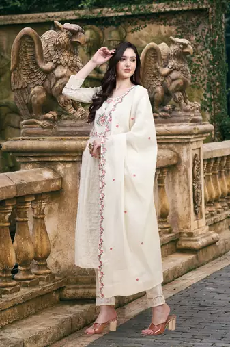 Trendmalls Pure Cotton Schiffli Work Embroidery Off-White Salwar Suit Set Kurta Pant with Dupatta