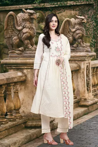 Trendmalls Pure Cotton Schiffli Work Embroidery Off-White Salwar Suit Set Kurta Pant with Dupatta
