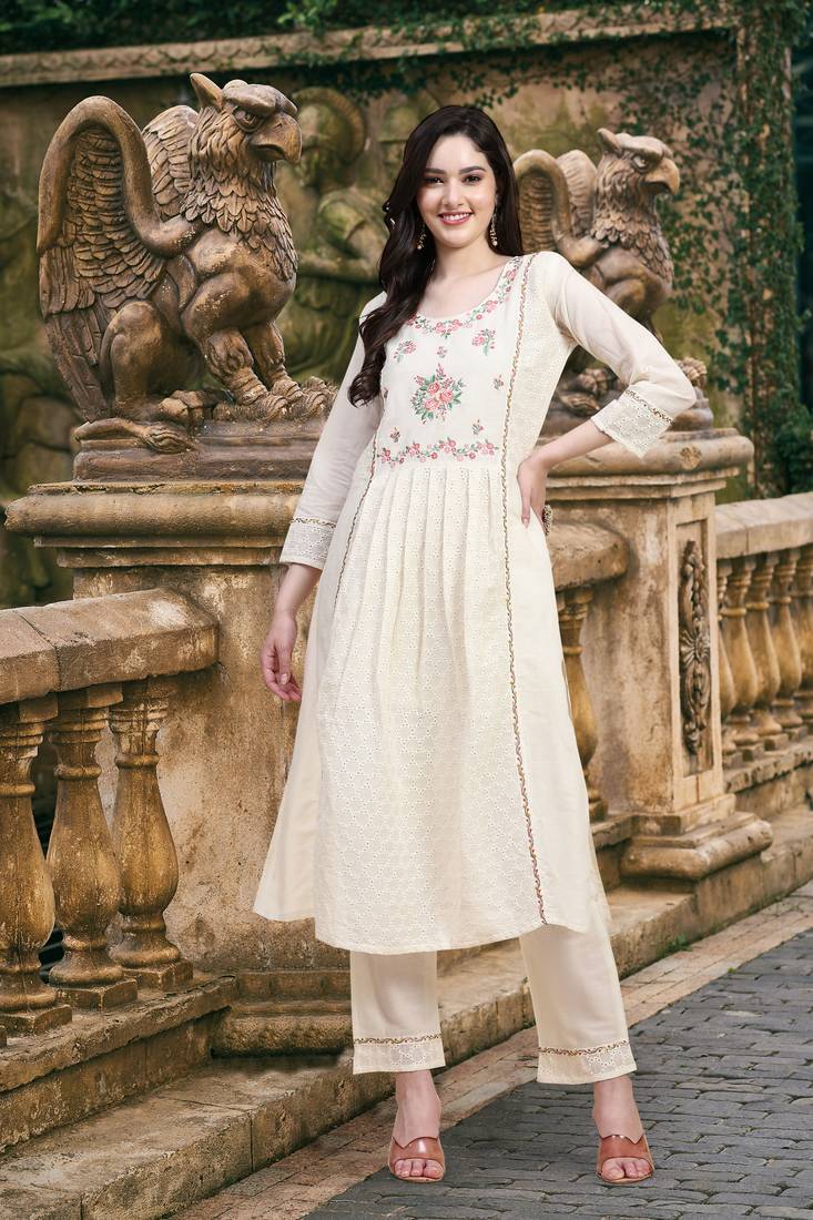 Pure Cotton Schiffli Work Embroidery Off-White Salwar Suit Set Kurta Pant with Dupatta