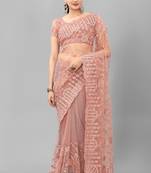 Onion Diamond And Embroidered Work Soft Mono Net Saree With Blouse (Un-Stitched)