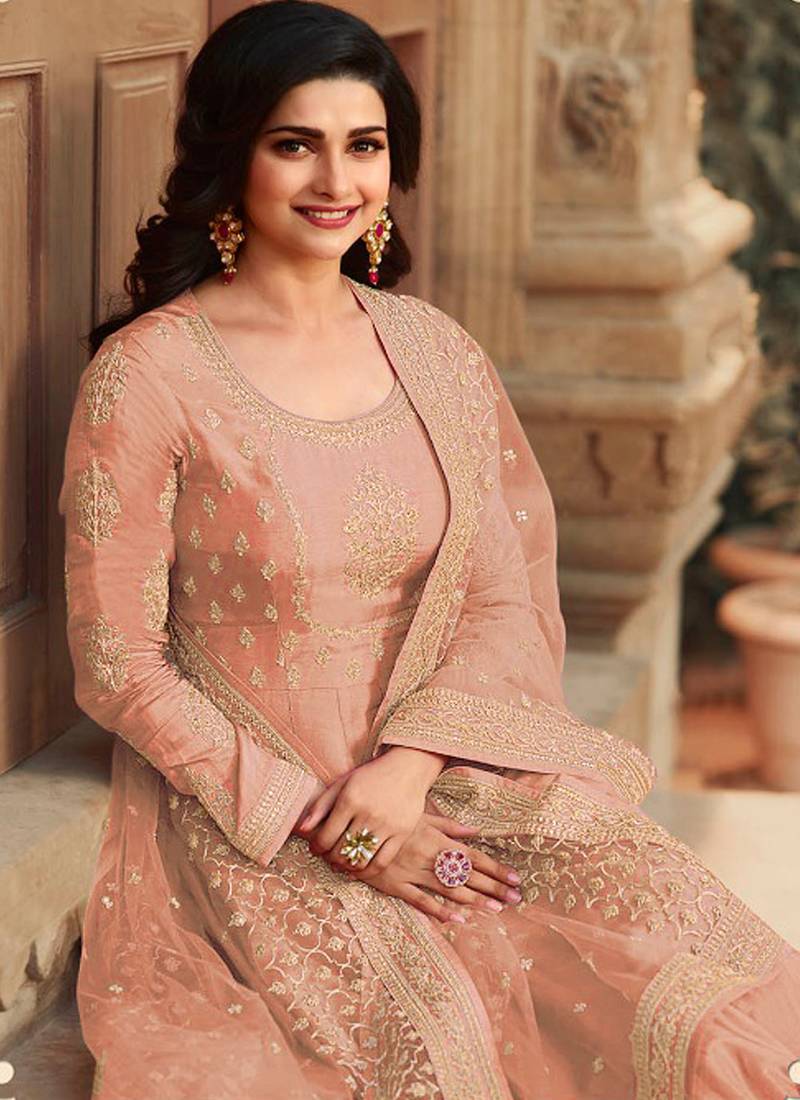 Peach Silk Blend Embroidered Party Wear Salwar Kameez