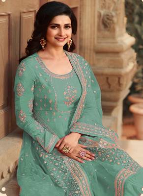 Turquoise Silk Blend Embroidered Party Wear Salwar Kameez 2