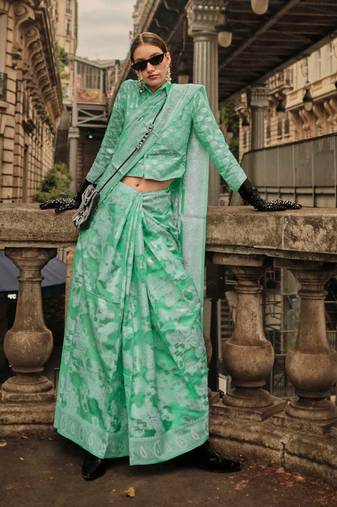 Mint Organza Jacquard Woven Chikankari Work Saree With Blouse