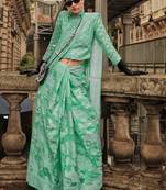 Mint Organza Jacquard Woven Chikankari Work Saree With Blouse