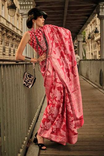 Hotpink Organza Jacquard Woven Chikankari Work Saree With Blouse