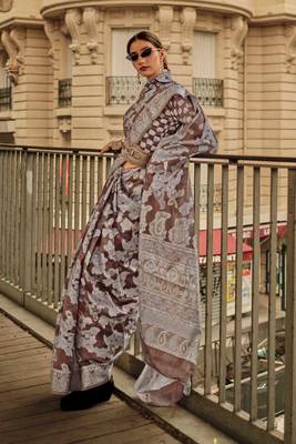 Coffee Organza Jacquard Woven Chikankari Work Saree With Blouse 1