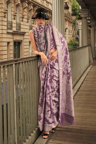 Lavendor Organza Jacquard Woven Chikankari Work Saree With Blouse