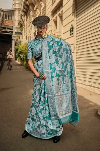 Tourquise Organza Jacquard Woven Chikankari Work Saree With Blouse