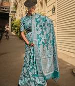Tourquise Organza Jacquard Woven Chikankari Work Saree With Blouse