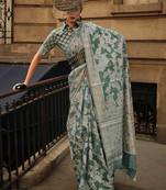 Emerald Organza Jacquard Woven Chikankari Work Saree With Blouse