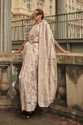 Beige Organza Jacquard Woven Chikankari Work Saree With Blouse 1