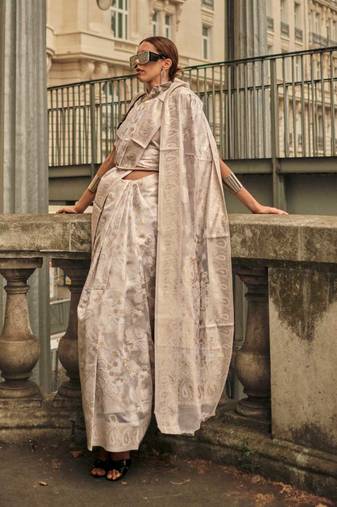Beige Organza Jacquard Woven Chikankari Work Saree With Blouse