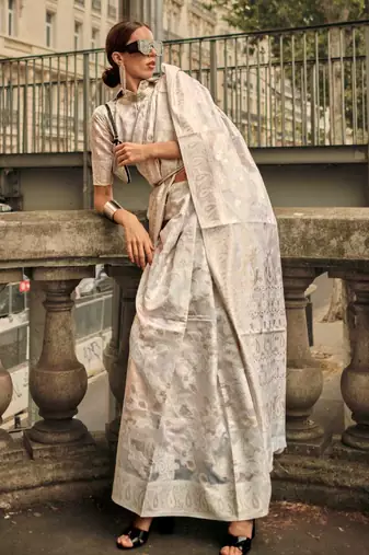 Beige Organza Jacquard Woven Chikankari Work Saree With Blouse