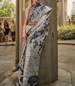 Grey Organza Jacquard Woven Chikankari Work Saree With Blouse