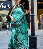 Aqua Blue Satin Crepe  Digital Printed Work Saree With Blouse